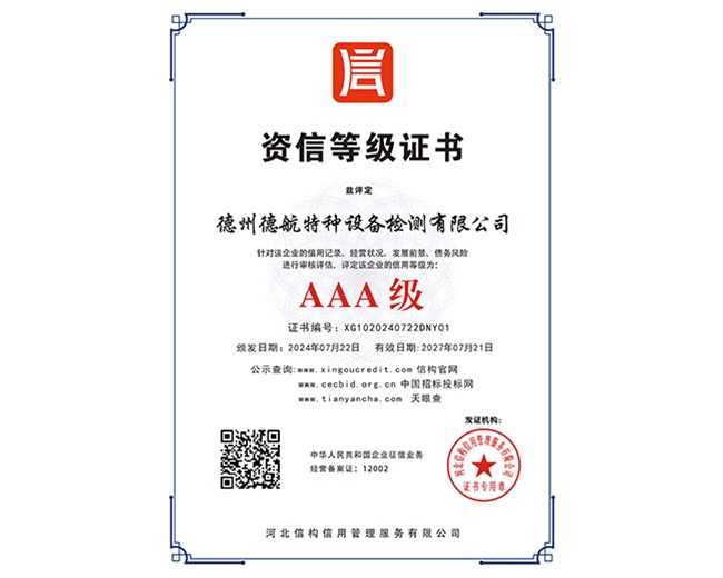 AAA級資信等級證書